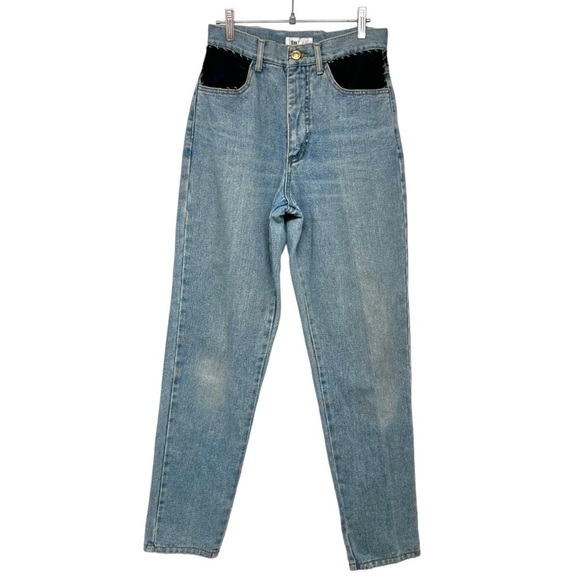 Vintage JL Harris High Rise Light Wash Velvet Trim 90s Tapered Mom Jeans Size 8 - Picture 1 of 12